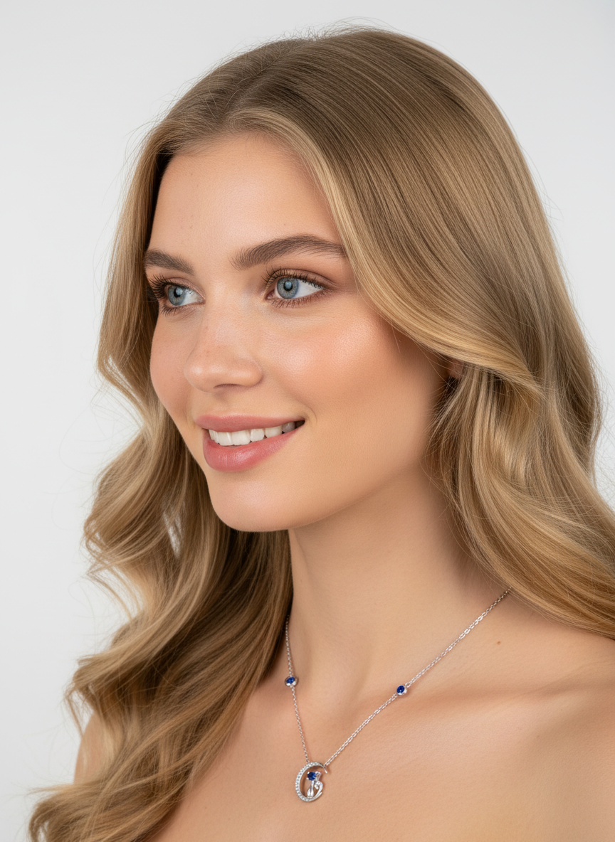 Collar Plata 925mls Gato y Luna con Circonitas Azules y Blancas | Joya Mágica y Brillante