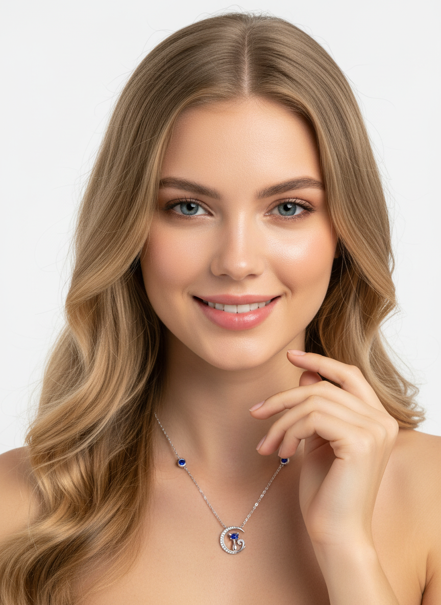 Collar Plata 925mls Gato y Luna con Circonitas Azules y Blancas | Joya Mágica y Brillante