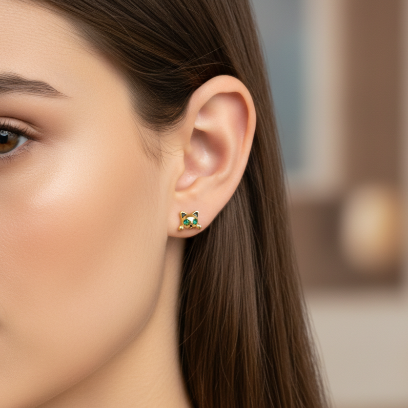 Pendientes Plata 925mls baño oro 18 Kilates Gato ojos circonitas verde esmeralda | Mascotas